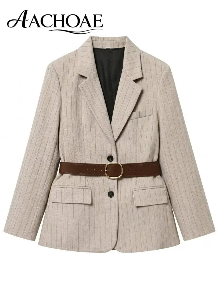 Women's Belted Stripe Blazer Jacket Structured Slim Suit Coat  Office Chic Long Sleeve Tailored Waist Belt Jacket Women