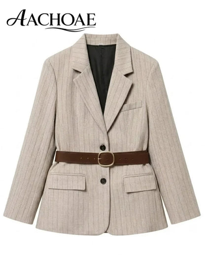 Women's Belted Stripe Blazer Jacket Structured Slim Suit Coat  Office Chic Long Sleeve Tailored Waist Belt Jacket Women