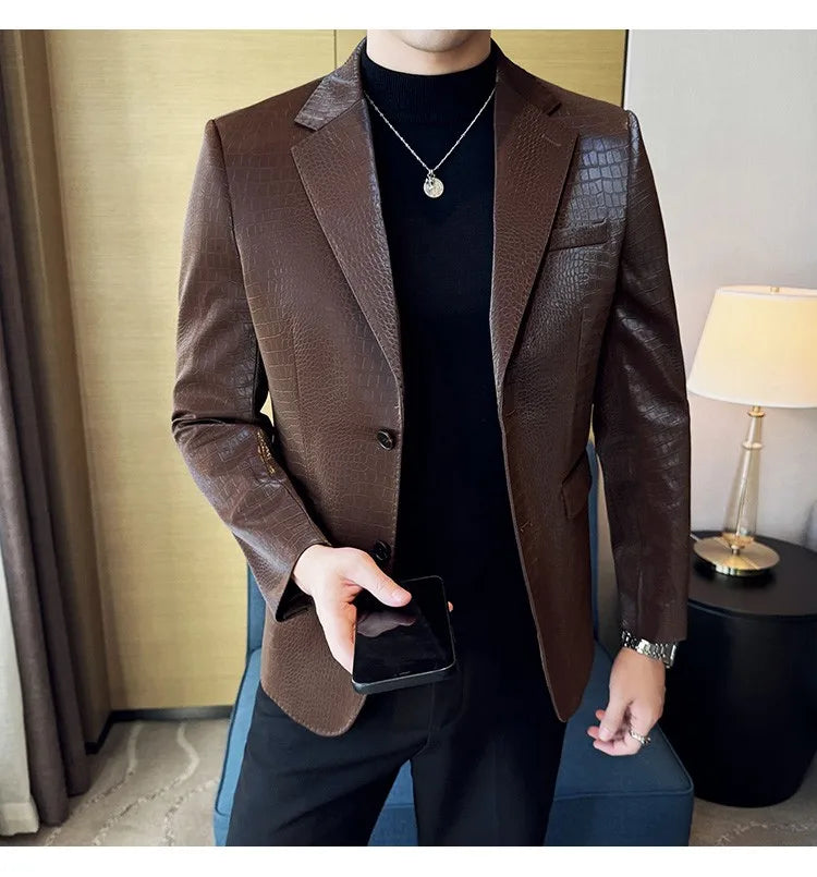 2026 Crocodile Patterned Leather Suit Jacket Men Slim Fit Business Casual Leather Jacket Wedding Groom Party Work Men Blazers