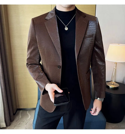 2026 Crocodile Patterned Leather Suit Jacket Men Slim Fit Business Casual Leather Jacket Wedding Groom Party Work Men Blazers