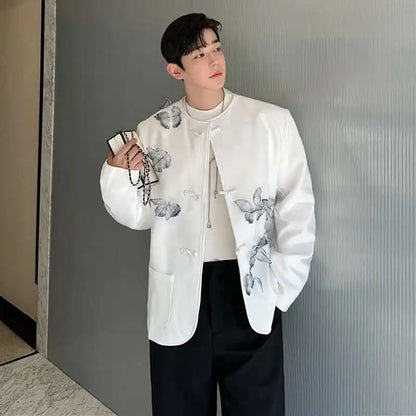 Personality Movable Butterfly Decoration Runway Suit Jackets Handsome Classy Collarless Men's Design Trendy Blazer LZ6063