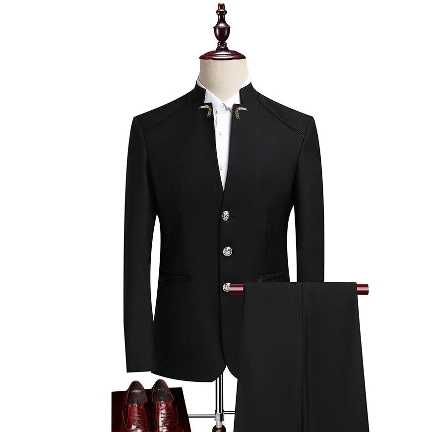 Men's Single-Breasted Slim Suit Two-Piece Set – Chinese-Style Stand-Up Collar – Smart Casual