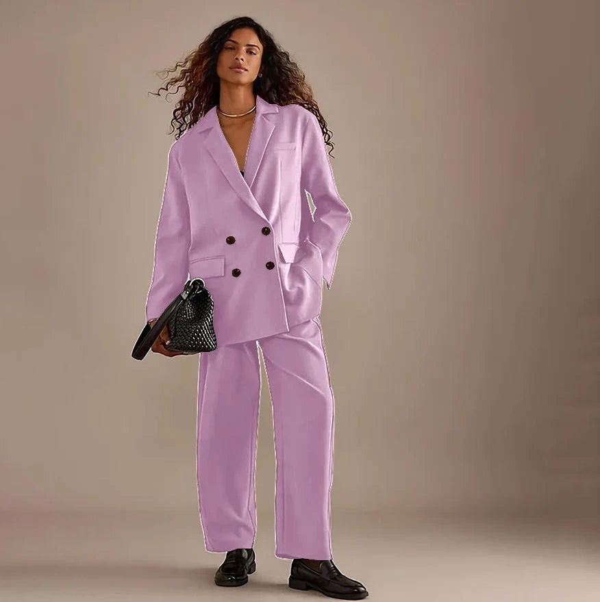 Leisure Brown Double Breasted Women Pants Set High-end Female Two Pieces(Jacket+Trousers)أطقم بناطيل