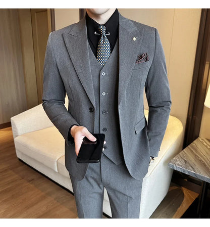 (Blazer + Vest + Trousers) 2024 New Men Formal Business Solid Suit 3 Pieces Set Italian Style Luxury Wedding Social Party Tuxedo