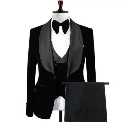 Black Velvet Men's 3 Pieces Suit Prom Costume Groom Tuxedos Formal Wedding Best Man Blazer Party Suits (Jacket+Vest+Pants)