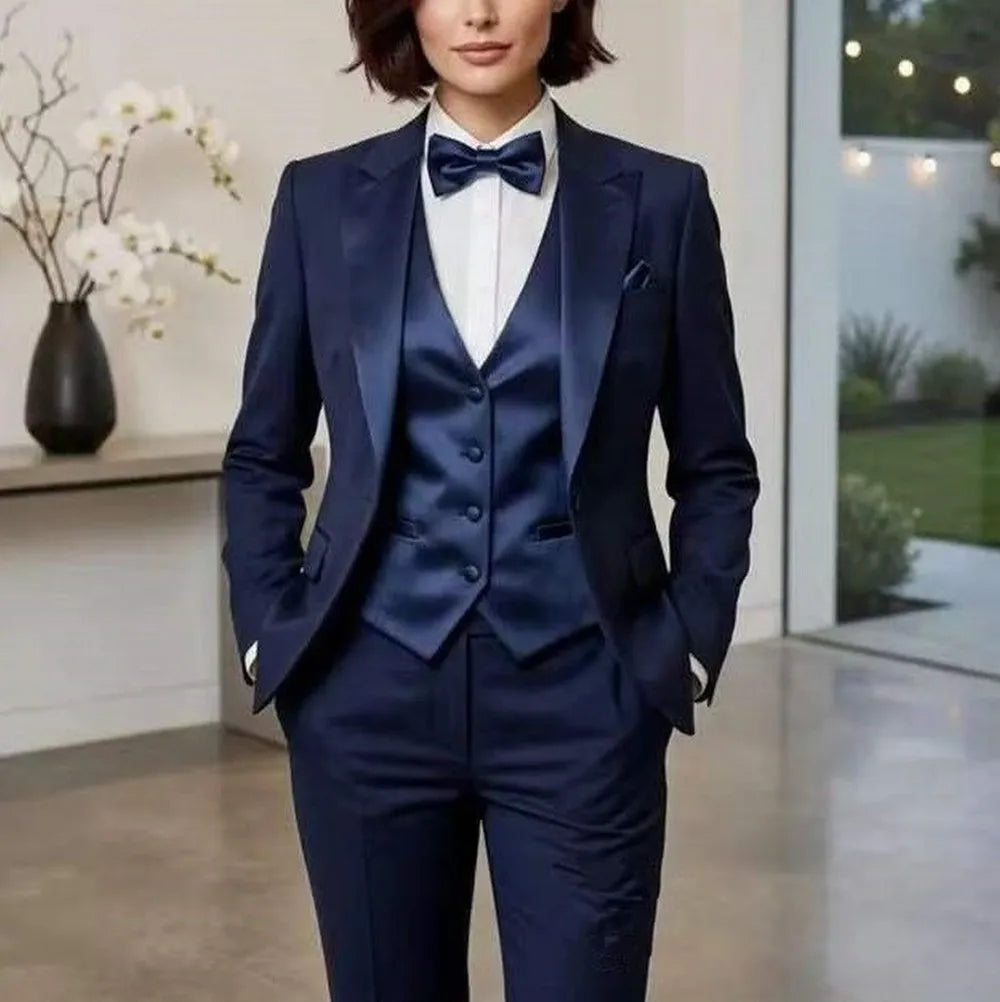 New Navy Blue Formal Business Women Suit Wedding Party Prom Mother Girl Tuxedos Costume 3 Piece Set Blazer Vest Pants