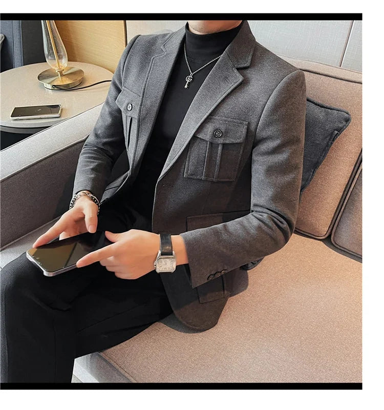 Winter Woolen Suit Jacket for Men Multiple Pockets Slim Fit Casual Business Blazers Masculino Wedding Streetwear Social Coats
