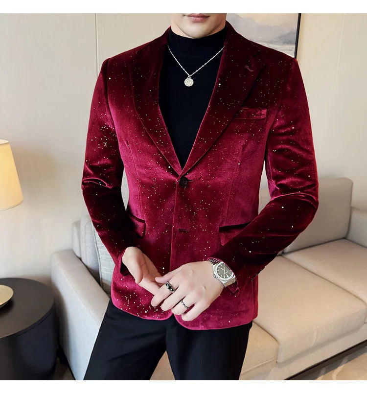 2025 Autumn New Velvet Jacket Men's Blazer Business Fashion Hot Stamping Printed Suit Jacket High-quality Luxury Dress Suit