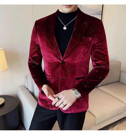 2025 Autumn New Velvet Jacket Men's Blazer Business Fashion Hot Stamping Printed Suit Jacket High-quality Luxury Dress Suit