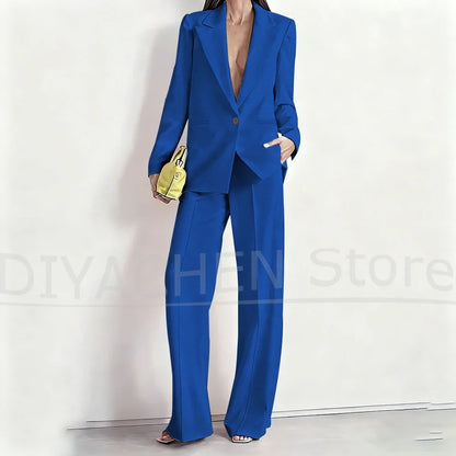 Women's Suit Set Peak Lapel One Button Blazer and Wide-Leg Pants Fashion Formal Casual Party Office Stylish Pants Sets Two Piece