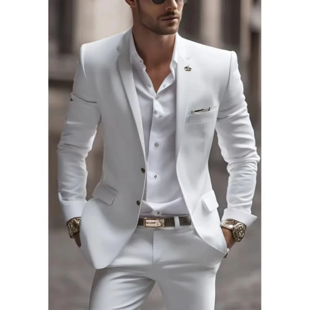 Slim Fit White Men's 2-Piece Tuxedo Notch Lapel Two Buttons Business Wedding Prom Groom Suit Jacket And Pants Set Men Clothing