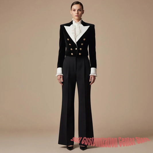 Formal Women's Black Tuxedo Set Double-Breasted Velvet Jacket+Pants Two-Pieces Suit Luxury Evening Party Outerwears