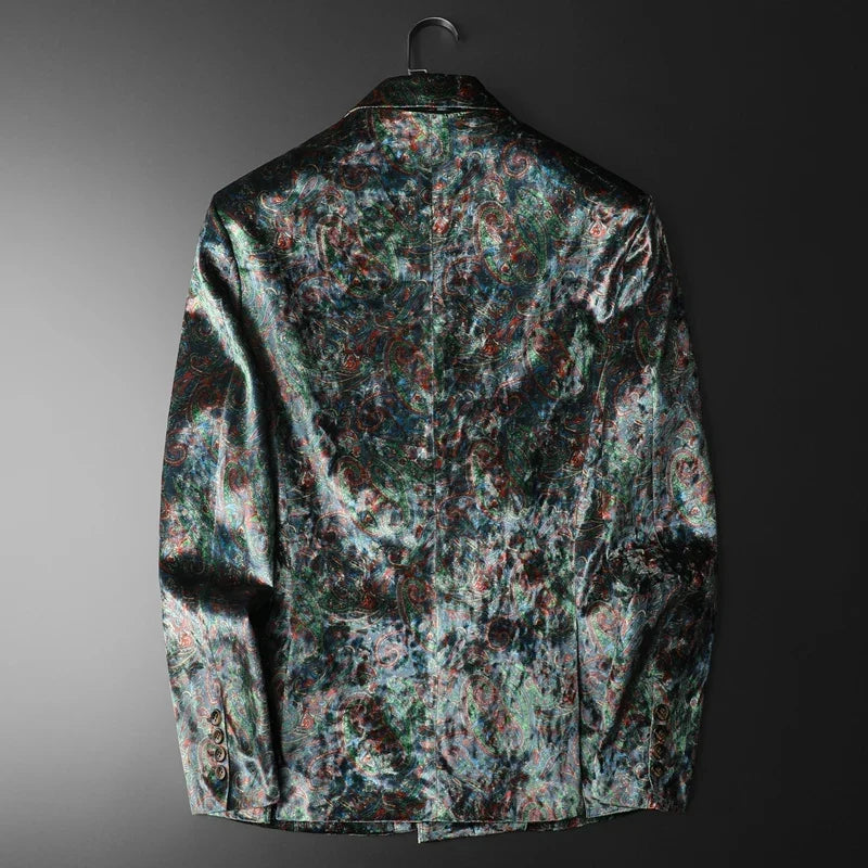 Korean Velvet Printed Suit Jacket for Men Double-breasted Social Business Jacket High Quality Casual Banquet Party Jacket 2025