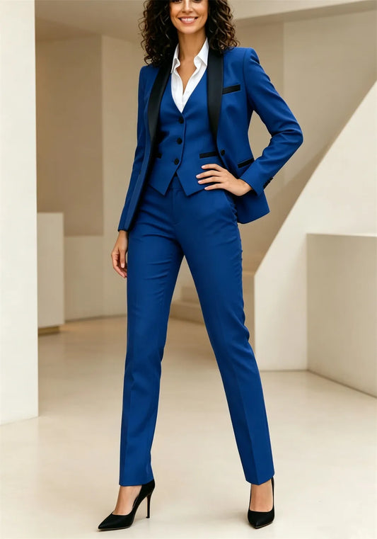 Luxury Royal Blue Women's Suits Formal Official 3 Pcs Pantsuits Elegant Regular Fit Women Suit (Jacket+Vest+Pants)