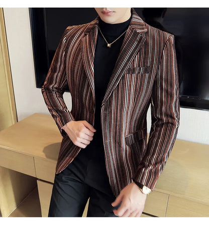 High Quality Plush Striped Fashion casual Suit Jacket Autumn Winter New Men Slim Fit Business Formal Social Prom Party Tuxedos