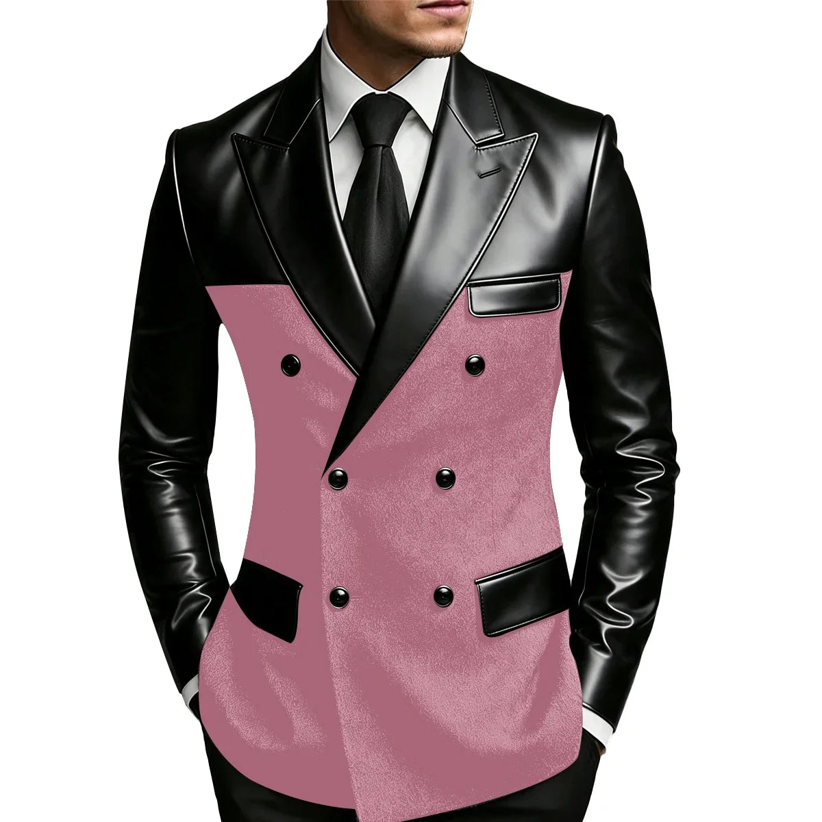 Men's Double Breasted Suit Blazer with Leather Patchwork for Weddings and Formal Events