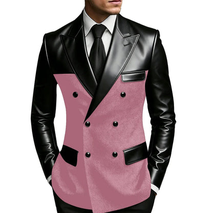 Men's Double Breasted Suit Blazer with Leather Patchwork for Weddings and Formal Events