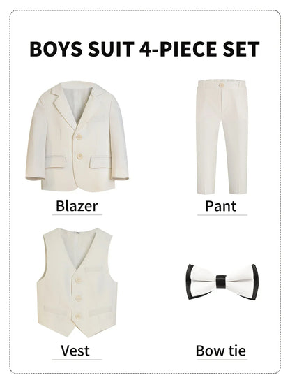 Gentleman Boys Suit Set Kids Blazer Vest Pants Bowtie 4Pieces Party Dress Suit Child's Formal Baptism Birthday Wedding Outfit