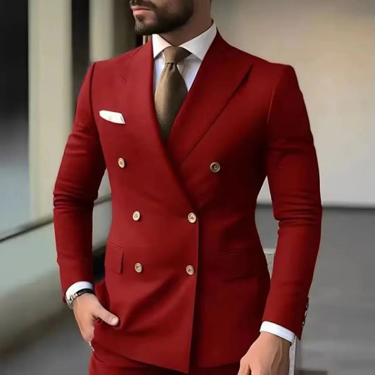 High-End Slim Fit Men's Two-Piece Suit Double-Breasted Design Wedding Groom's Dress Long Pants Jacket Set