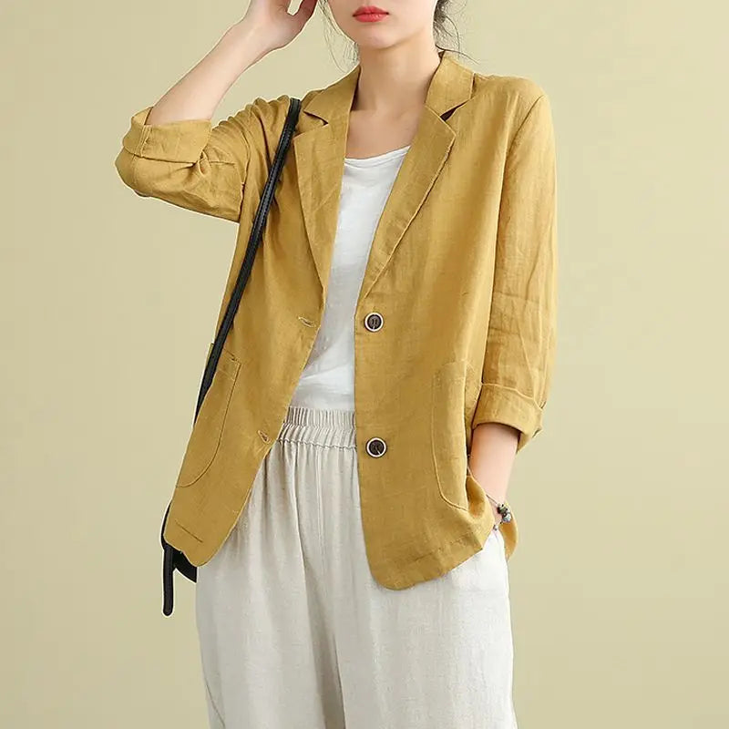 Casual Cotton and Linen Suit Jacket Women 2025 Spring and Summer New Loose solid Long-sleeved Blazer Woman Sunscreen Clothing