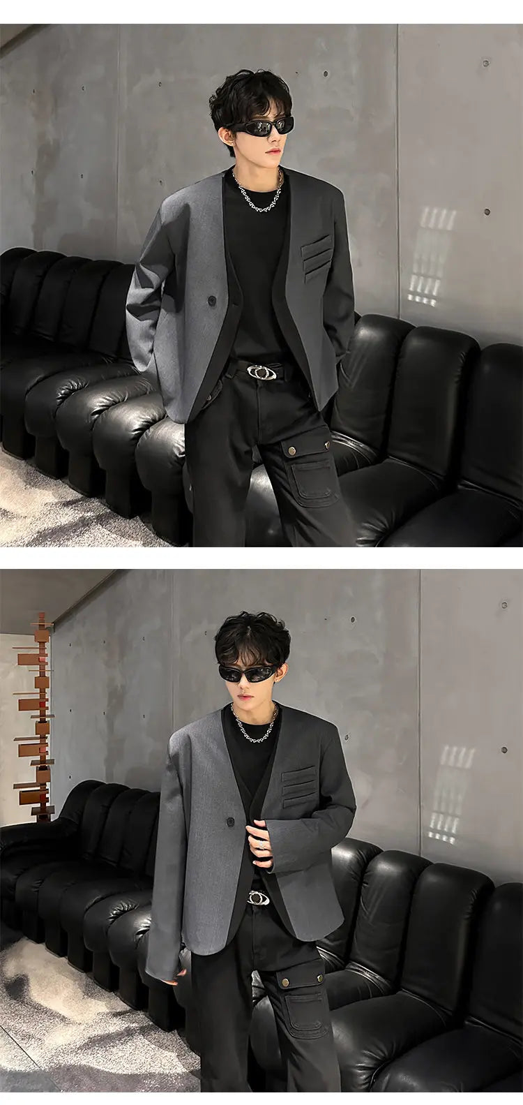 Color Contrast Fake Two Piece Design Handsome Korean Blazer Jacket Men Stylish Elegant V Neck Casual Male Clothes JY5226