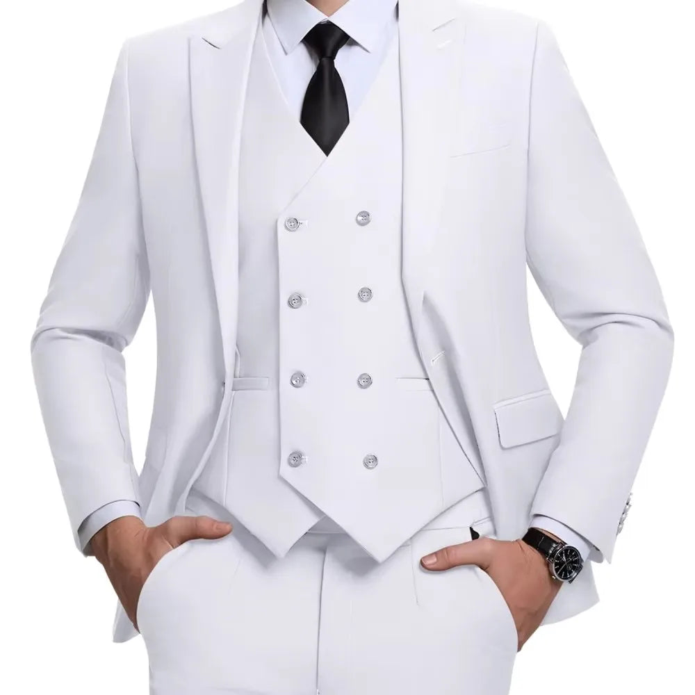 Men's Linen 3-Piece Slim Fit Suit – Blue & Beige | Peak Lapel