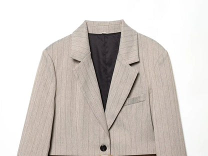 Women Khaki Striped Blazer Jacket Y2k 2000s Vintage Suit Coat Long Sleeve Single Breasted Oversize Outerwear Spring Autumn 2025