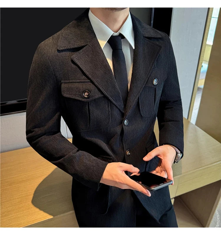 Autumn Winter Corduroy Medium Long Hunting Jacket Men's Fashion Thick Suit Jacket Casual Business Blazers Social Streetwear 2025
