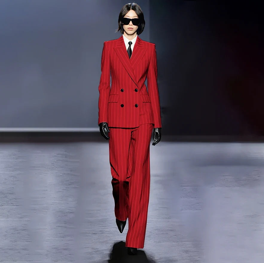 Dark Blue Stripes Women Suit Customized Double-breasted Peak Lapel Two Pieces(Jacket+Pants) Business Office Lady Competent Set