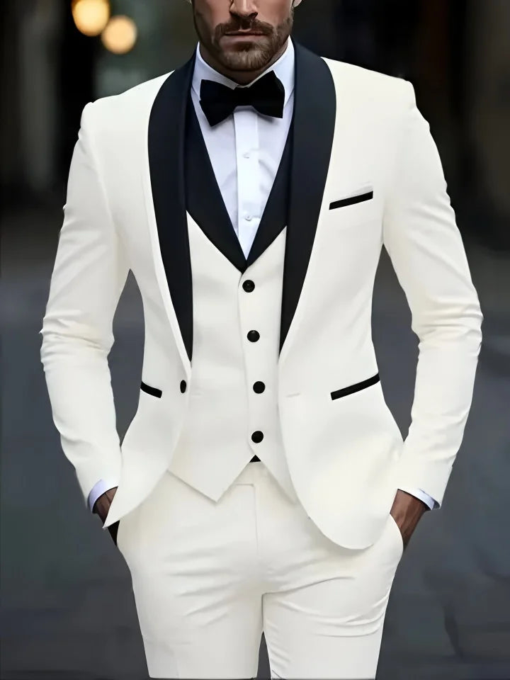 White Slit Mens Suits 3 Piece Black Shawl Lapel Casual Groom Tuxedos for Wedding Groomsmen Suits Men 2025 (Blazer+Vest+Pant)