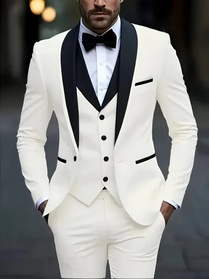 White Slit Mens Suits 3 Piece Black Shawl Lapel Casual Groom Tuxedos for Wedding Groomsmen Suits Men 2025 (Blazer+Vest+Pant)