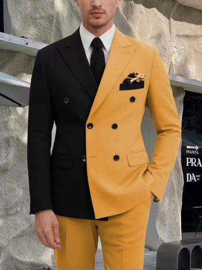Fashion Contrast Man Suit Set 2 Pieces Jacket Pants Stage Performance Wear Premium Double Breasted Men's Tuxedo For Wedding
