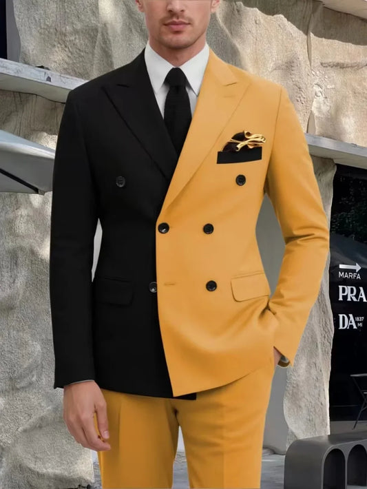 Fashion Contrast Man Suit Set 2 Pieces Jacket Pants Stage Performance Wear Premium Double Breasted Men's Tuxedo For Wedding