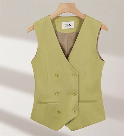 2025 Summer V-Neck Vest Women Thin Loose Waistcoat Double-breasted Sleeveless Blazer Female Slim Short Vest Femme Slim Buttons