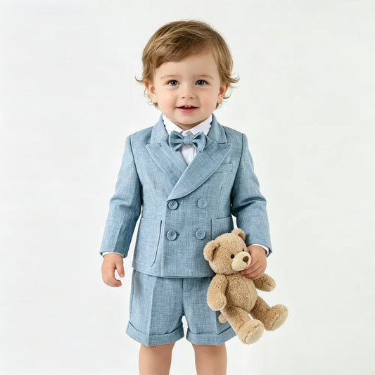 Boys Light Blue Linen Suit 3Pcs Double Breasted Blazer Suspender Shorts Bow Tie Toddler Wedding Birthday Formal Gentleman Outfit