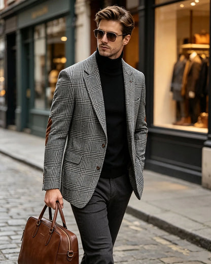 Vintage Wool Blend Plaid Men's Jackets Notched Collar Slim Fit Single Breasted Blazers With Suede Elbow Patches Business Casual