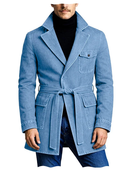 Men's Vintage Mid Length Belted Denim Trench Coat Notched Lapel Casual Workwear Outerwear Stylish Daily Streetwear Jacket