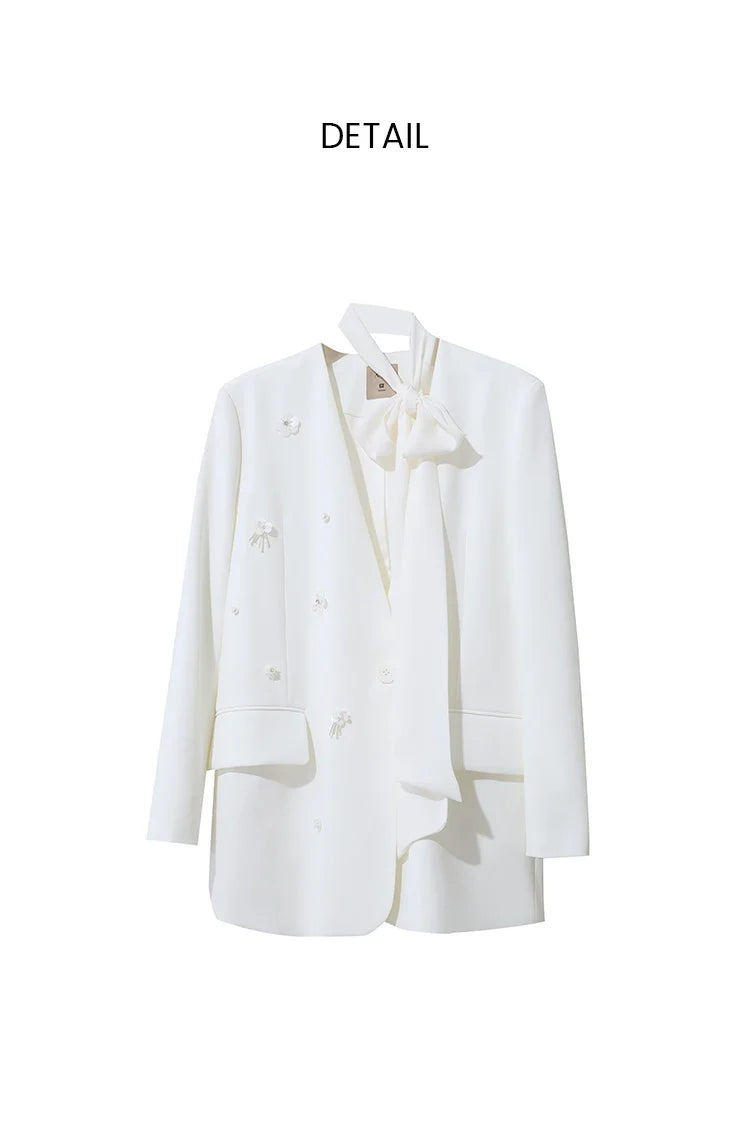 Women's Jacket 2026 Autumn New Elegant Commuter Beaded Flower Chiffon Streamer Tie Blazers Solid Loose V-Neck Top 12641078
