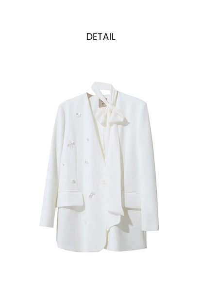 Women's Jacket 2026 Autumn New Elegant Commuter Beaded Flower Chiffon Streamer Tie Blazers Solid Loose V-Neck Top 12641078