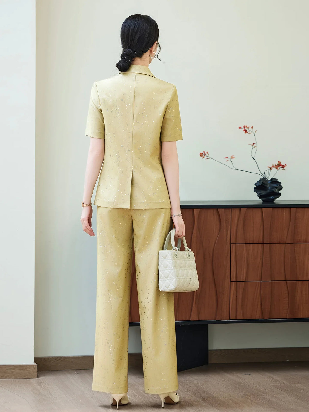 Fashion Blue Yellow Short Sleeve Professional Suit Women New Summer Elegant Formal Slim Blazer And Pants Office Ladies Work Wear