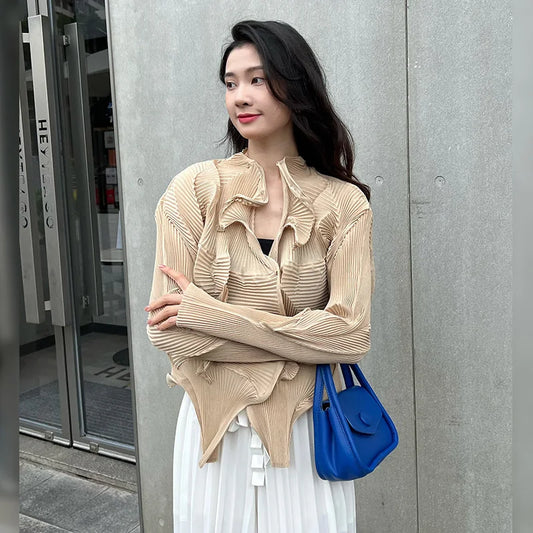 Women Pleated Ruffle Blouse V Neck Long Sleeve Loose Irregular Hem Pleated Shirt Casual Tops