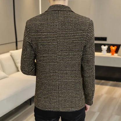 Men's Slim Fit Blazer Single Breasted Plaid Smart Casual Suit Jacket