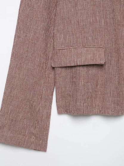 Casual Women Houndstooth Linen Blazer 2026 Spring Autumn Elegant Female Long Sleeves Lapel Collar Office Slim Suit Outerwear