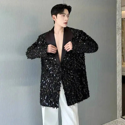 Design Patchwork Burr Original Casual Shoulder Pad Sequin Blazer Coat Men's 2025 Autumn Fashion Temperament Jacket JY7384