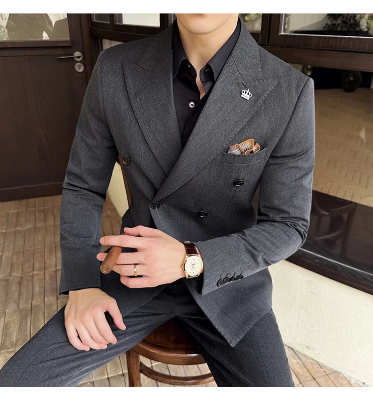 (Blazer + Trousers) Fashion Double Breasted Design Slim Men's Suit Italian Style Luxury Wedding Social Party Tuxedo 2 Piece Set