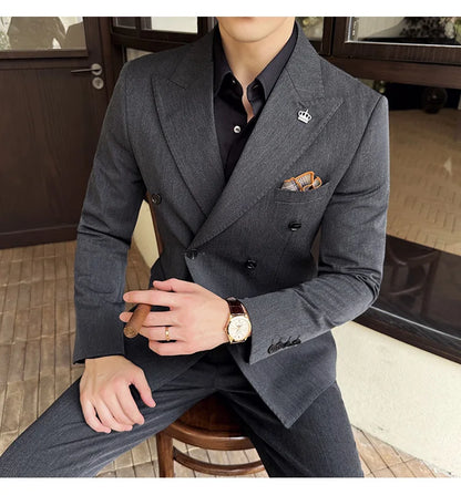 (Blazer + Trousers) Fashion Double Breasted Design Slim Men's Suit Italian Style Luxury Wedding Social Party Tuxedo 2 Piece Set