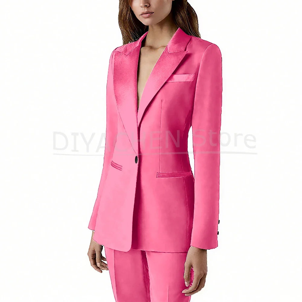 Pants Sets 2 Piece Fashion Satin Peak Lapel Single Button Solid Color Outfits Chic Casual Slim Daily Office Women's Suit