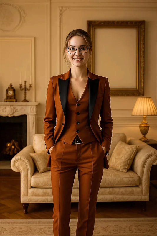 Women’s Rust Three-Piece Suit Tailored Peak Lapel Blazer Waistcoat & Trousers Elegant Formal Wedding Suit Set