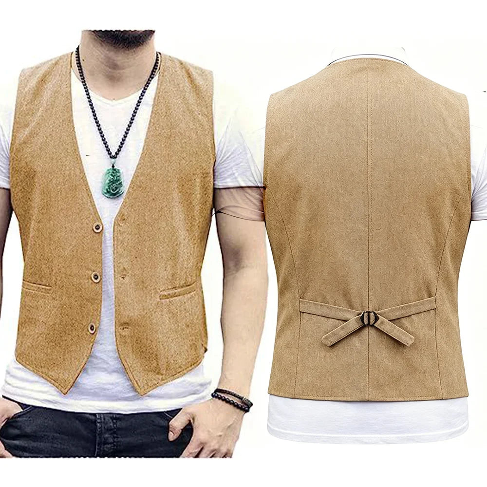 Men's Linen Waistcoat Slim Fit V-Neck Casual Suit Vest for Men