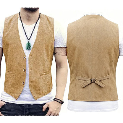 Men's Linen Waistcoat Slim Fit V-Neck Casual Suit Vest for Men